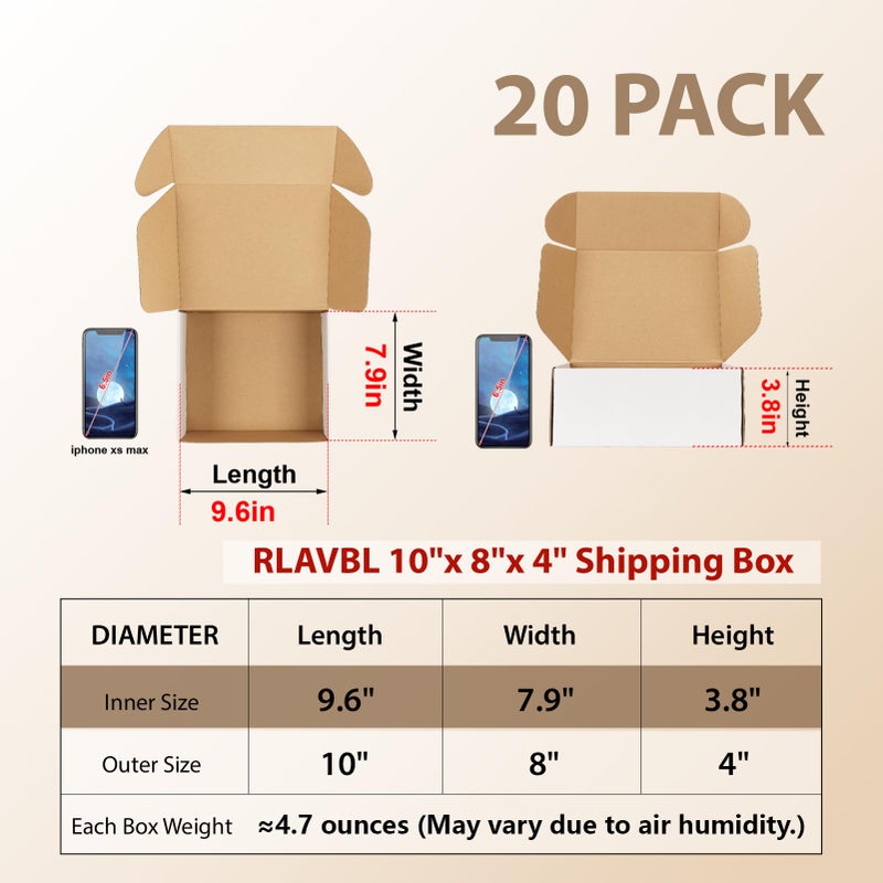 RLAVBL 10x8x4 Inches Shipping Boxes Set of 20, White Small Corrugated Cardboard Box, Mailer Boxes for Packing Small Business - Image 2